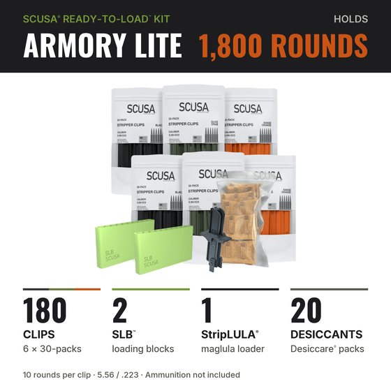 SCUSA ARMORY Lite Ready-to-Load™ Kit contents: 180 stripper clips, 2 SLB™ blocks, 1 StripLULA® loader, 20 Desiccare® packs; holds 1,800 rounds — image 2 of 10