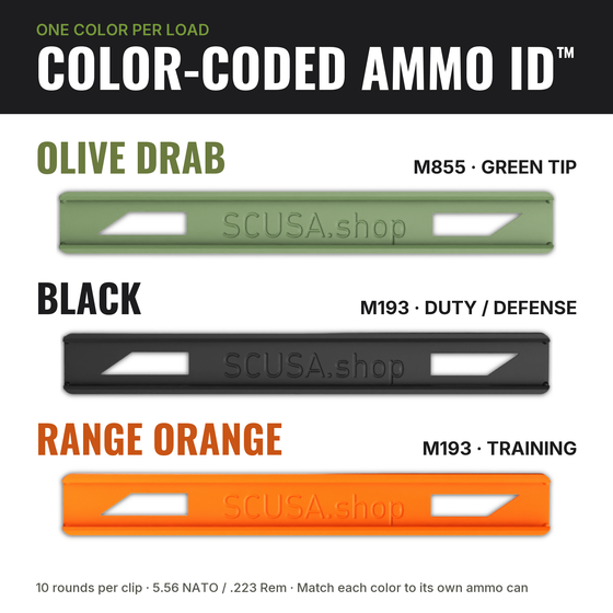 SCUSA Color-Coded Ammo ID™ chart: Olive Drab clips for M855 green tip, Black for M193 duty/defense, Range Orange for M193 training — image 5 of 6