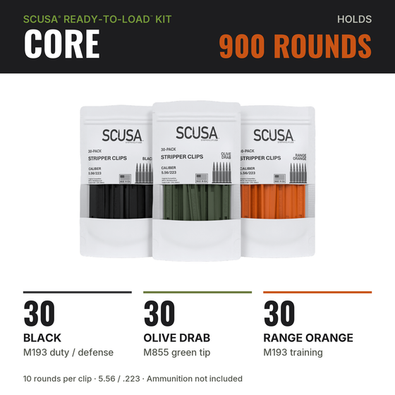 SCUSA CORE Ready-to-Load™ Kit contents: 90 polymer 5.56 stripper clips, 30 each in Black, Olive Drab and Range Orange; holds 900 rounds — image 2 of 6