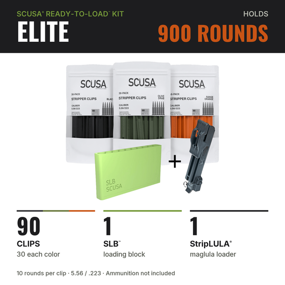 SCUSA ELITE Ready-to-Load™ Kit contents: 90 polymer 5.56 stripper clips, 1 SLB™ loading block and 1 StripLULA® loader; holds 900 rounds — image 2 of 8