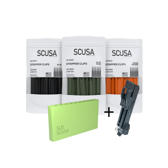 SCUSA ELITE Ready-to-Load™ Kit: three 30-pack stripper clips with an SLB™ loading block and a maglula StripLULA® loader — image 1 of 8