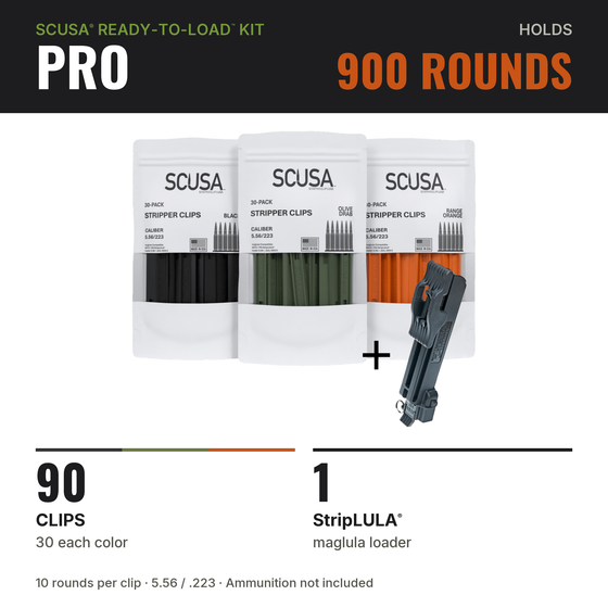 SCUSA PRO Ready-to-Load™ Kit contents: 90 polymer 5.56 stripper clips and 1 maglula StripLULA® loader; holds 900 rounds — image 2 of 8