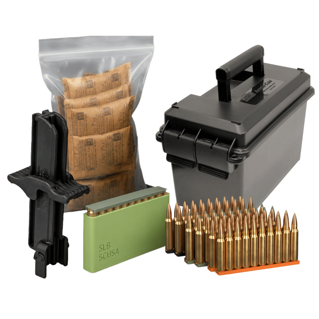 SCUSA Ready-to-Load ecosystem — clips, SLB block, StripLULA, ammo can and desiccant