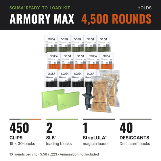SCUSA ARMORY MAX Ready-to-Load™ Kit contents: 450 stripper clips, 2 SLB™ blocks, 1 StripLULA® loader, 40 Desiccare® packs; holds 4,500 rounds — image 2 of 12
