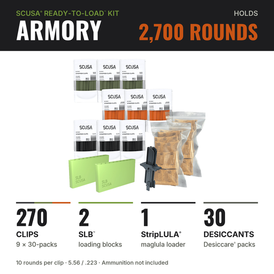 SCUSA ARMORY Ready-to-Load™ Kit contents: 270 stripper clips, 2 SLB™ blocks, 1 StripLULA® loader, 30 Desiccare® packs; holds 2,700 rounds — image 2 of 11
