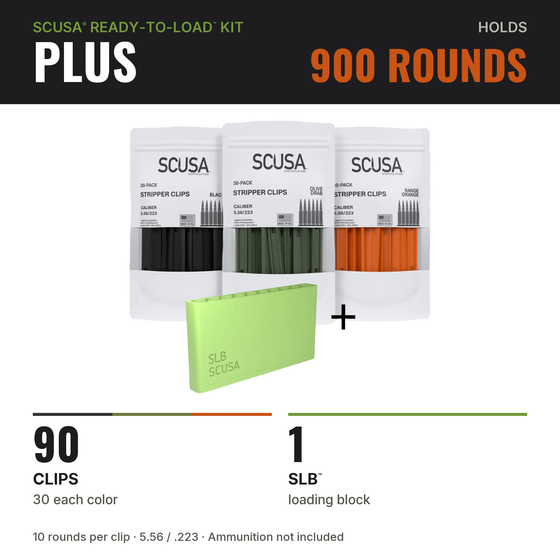 SCUSA PLUS Ready-to-Load™ Kit contents: 90 polymer 5.56 stripper clips and 1 SLB™ loading block; holds 900 rounds — image 2 of 8
