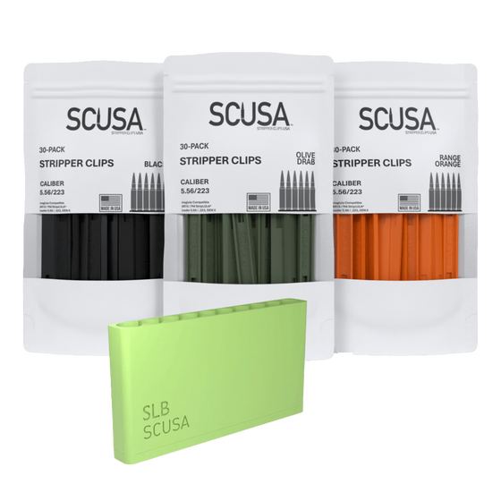 SCUSA PLUS Ready-to-Load™ Kit: Black, Olive Drab and Range Orange 30-pack stripper clips with an SLB™ loading block — image 1 of 8